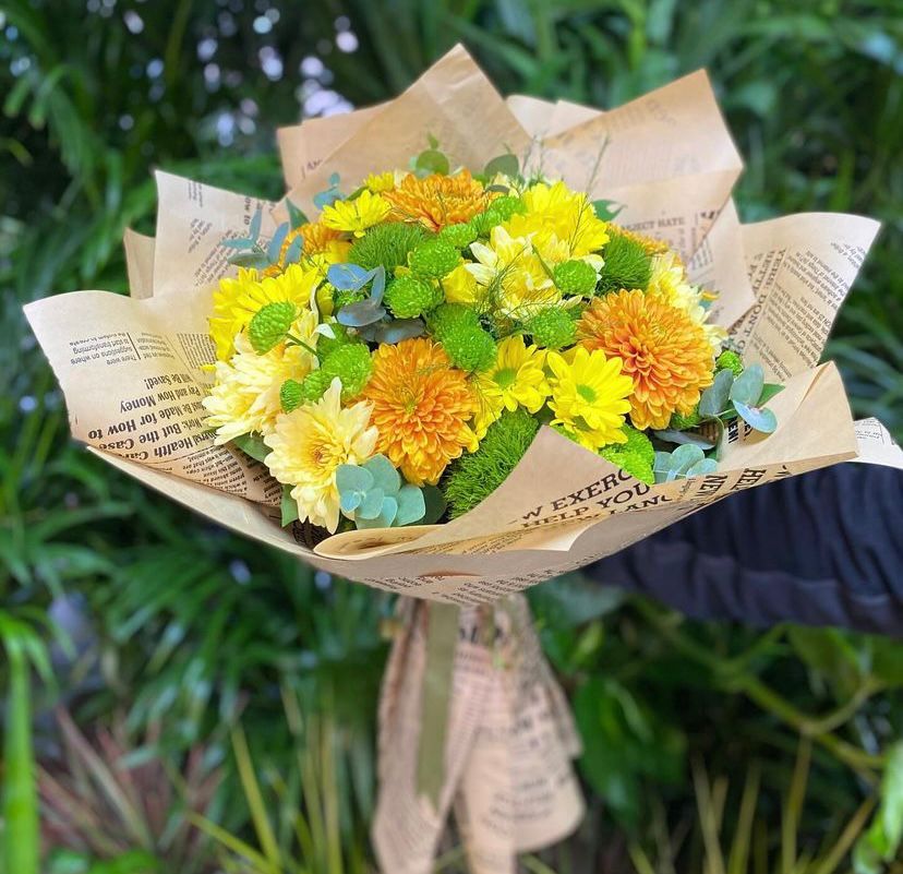 Sarı & Turuncu Doğal Tonlarda Rustic Krizantem Buketi